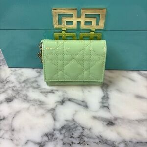 NWT Authentic Lady Dior Cannage Pastel Mint Green Patent Leather Trifold Wallet